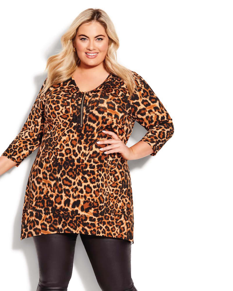 Front of plus size Viola Zip Leopard Print Tunic by Avenue | Dia&Co | dia_product_style_image_id:171839